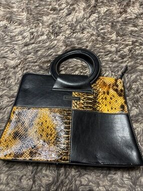 Vittorio Black and Yellow Snake-Effect Patchwork Satchel